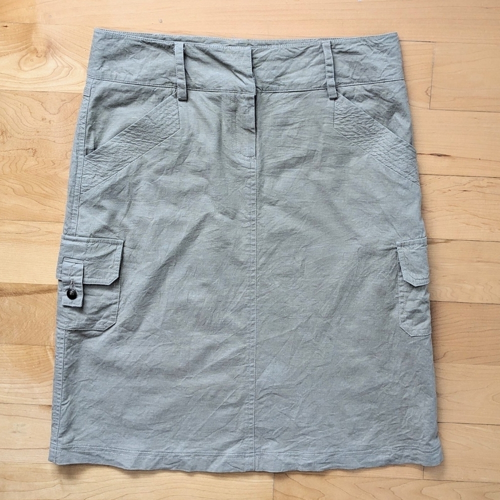 Nicole Benisti linen blend cargo skirt midi length pension skirt olive green sma